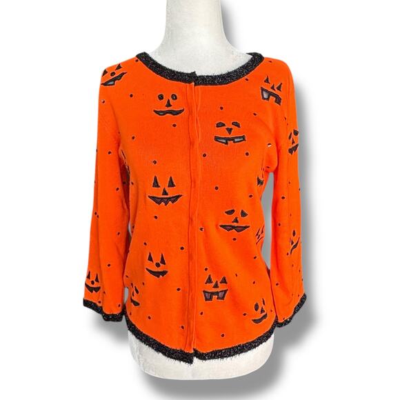 Vintage 90s Marisa Christina Orange Halloween Pumpkin Fitted Cardigan Sweater - Picture 1 of 11